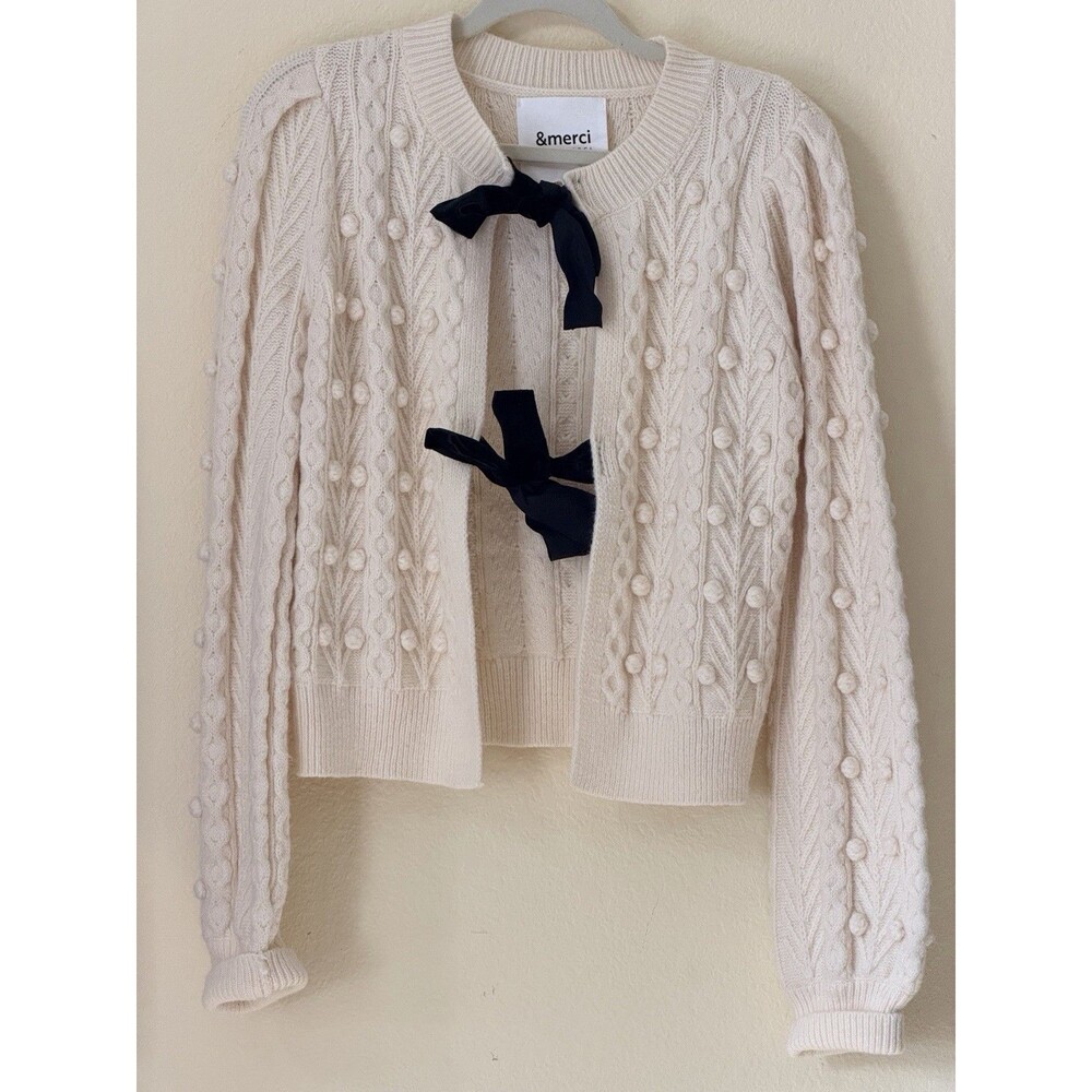 En Merci Cardigan Womens M Cream Cable Knit Bobble Black Velvet Bow Tie Front